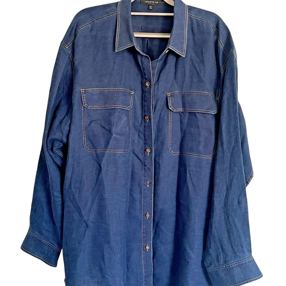 Lafayette 148 Linen Shirt Top Women Size XL Oversized Blue Denim Look Everson - Picture 2 of 14